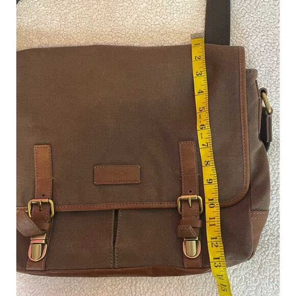 Fossil Canvas Messenger Bag Laptop Shoulder Satchel Strap Brown With pockets - Picture 11 of 11
